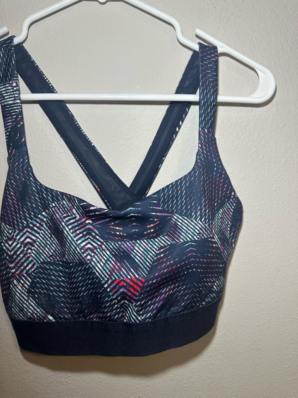 Patagonia Navy Sports Bra with Pink, Teal & White Pattern